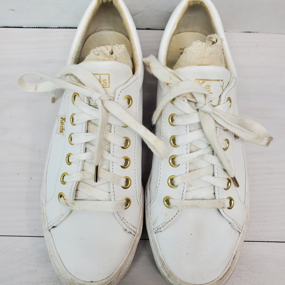 Keds Womens White‎ Leather Low Top Lace Up Sneakers Shoes Size 7 Gold Accents - Picture 2 of 15